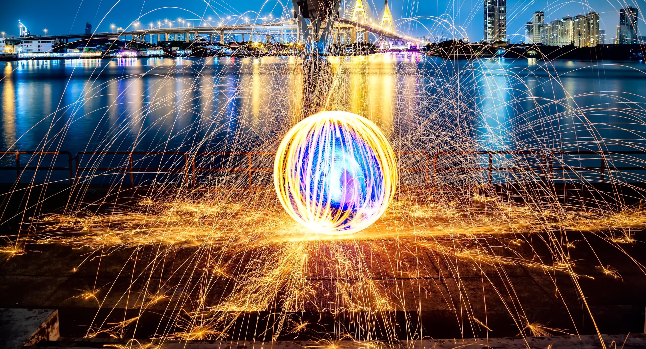 Hot Golden Sparks Flying From Man Spinning Burning Steel Wool Un